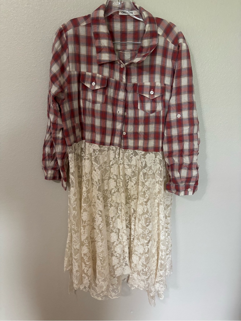 Plaid Button-Front Tunic with Cream Lace Skirt